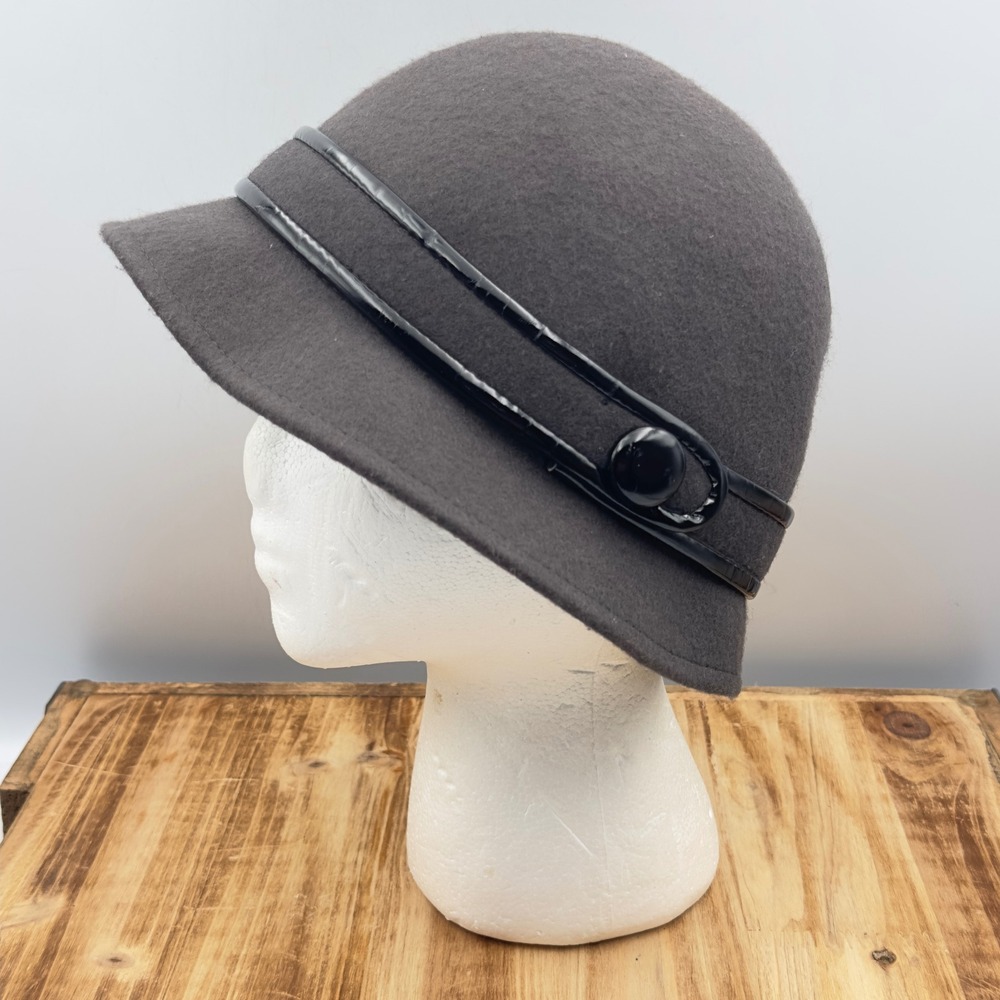 Wool Cloche Hat Gray Vintage Style 1920s OSFM Faux Leather Trim Button Accent